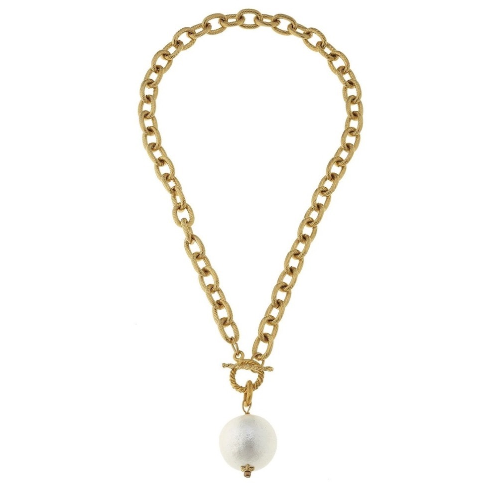 Chunky Gold Tone‎ Chain Necklace with Large White Pearl Pendant Toggle Clasp